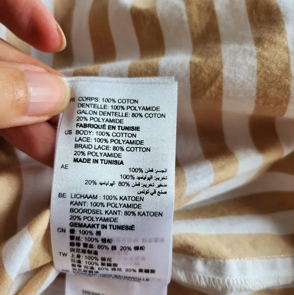 SANDRO I 1 (XS/S) lace and cotton button down shirt I tan and white stripes - Picture 7 of 11